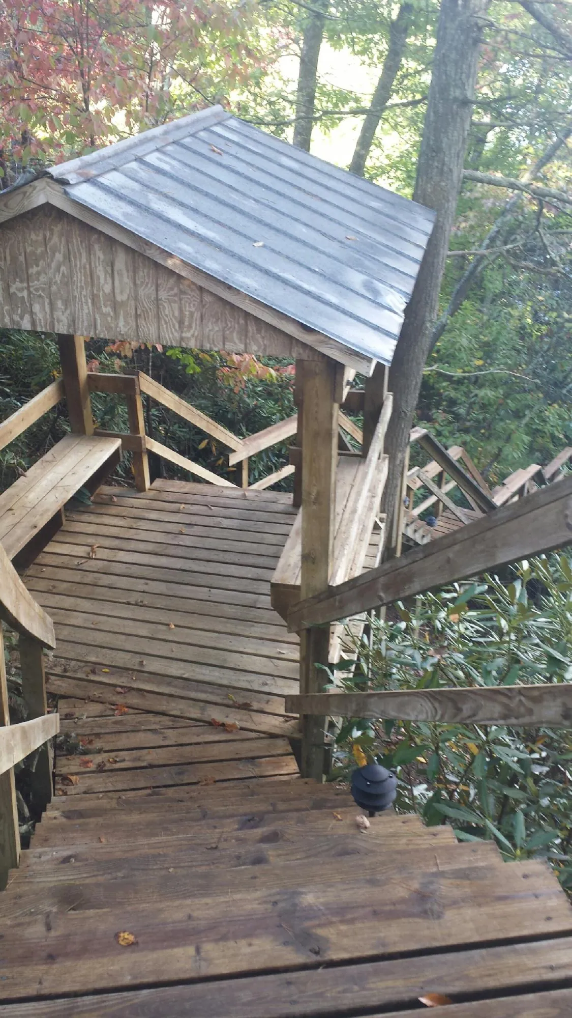 Metal roofed shelter over wooden steps on a wooded walkway — Skylight Repair & Installation work by our crew in Alcalde